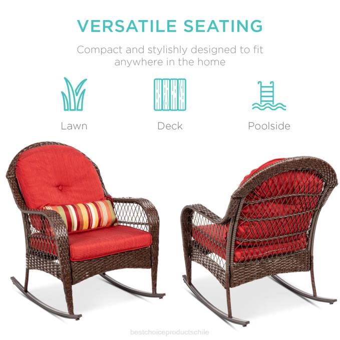vida al aire libre | Best Choice Products mecedora de mimbre con estructura de acero, almohada decorativa, cojines rojo08BN1473