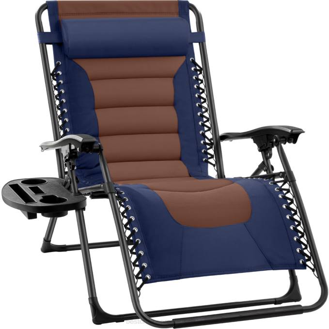 vida al aire libre | Best Choice Products silla acolchada de gran tamaño con gravedad cero, sillón reclinable plegable con reposacabezas y bandeja lateral azul marino/marrón08BN760