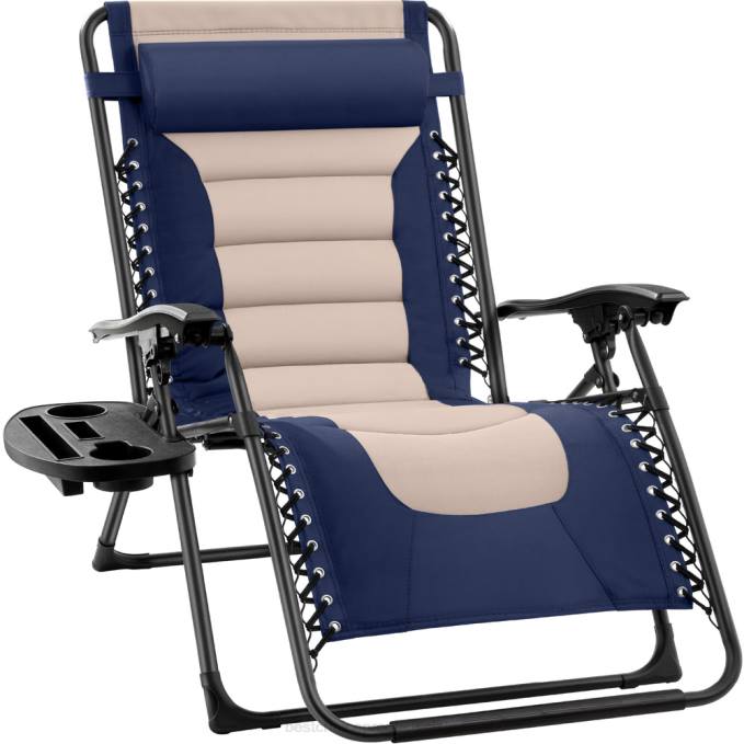 vida al aire libre | Best Choice Products silla acolchada de gran tamaño con gravedad cero, sillón reclinable plegable con reposacabezas y bandeja lateral azul marino/ostra08BN767