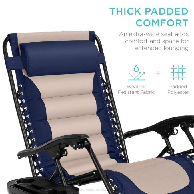 vida al aire libre | Best Choice Products silla acolchada de gran tamaño con gravedad cero, sillón reclinable plegable con reposacabezas y bandeja lateral azul marino/ostra08BN767