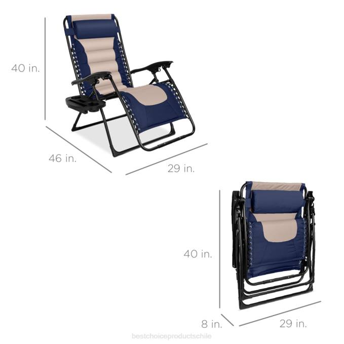 vida al aire libre | Best Choice Products silla acolchada de gran tamaño con gravedad cero, sillón reclinable plegable con reposacabezas y bandeja lateral azul marino/ostra08BN767