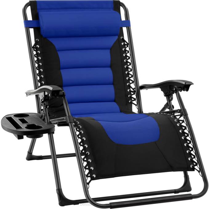 vida al aire libre | Best Choice Products silla acolchada de gran tamaño con gravedad cero, sillón reclinable plegable con reposacabezas y bandeja lateral azul negro08BN751