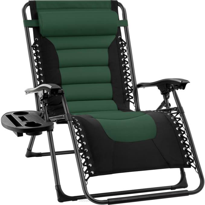 vida al aire libre | Best Choice Products silla acolchada de gran tamaño con gravedad cero, sillón reclinable plegable con reposacabezas y bandeja lateral bosque verde08BN753
