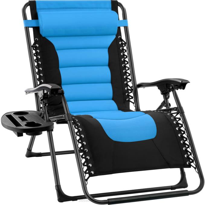vida al aire libre | Best Choice Products silla acolchada de gran tamaño con gravedad cero, sillón reclinable plegable con reposacabezas y bandeja lateral cielo azul08BN756