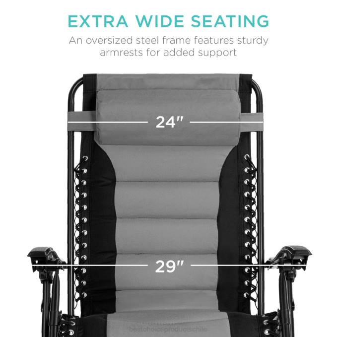 vida al aire libre | Best Choice Products silla acolchada de gran tamaño con gravedad cero, sillón reclinable plegable con reposacabezas y bandeja lateral gris negro08BN752