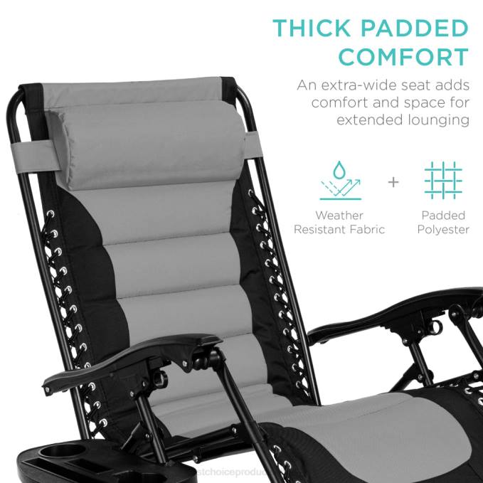 vida al aire libre | Best Choice Products silla acolchada de gran tamaño con gravedad cero, sillón reclinable plegable con reposacabezas y bandeja lateral gris negro08BN752