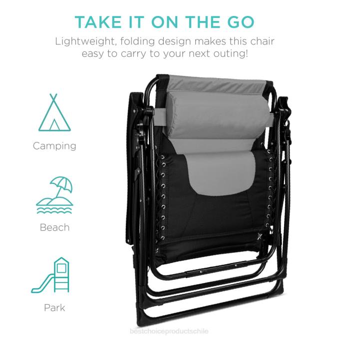 vida al aire libre | Best Choice Products silla acolchada de gran tamaño con gravedad cero, sillón reclinable plegable con reposacabezas y bandeja lateral gris negro08BN752