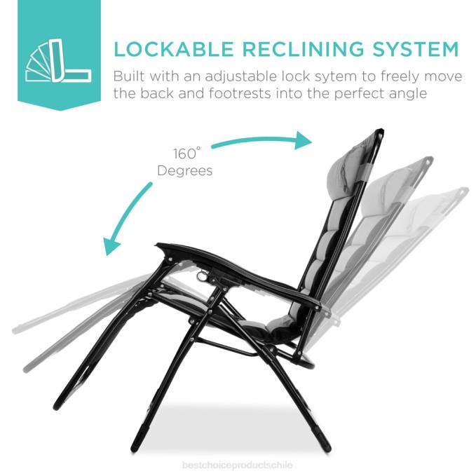 vida al aire libre | Best Choice Products silla acolchada de gran tamaño con gravedad cero, sillón reclinable plegable con reposacabezas y bandeja lateral gris negro08BN752