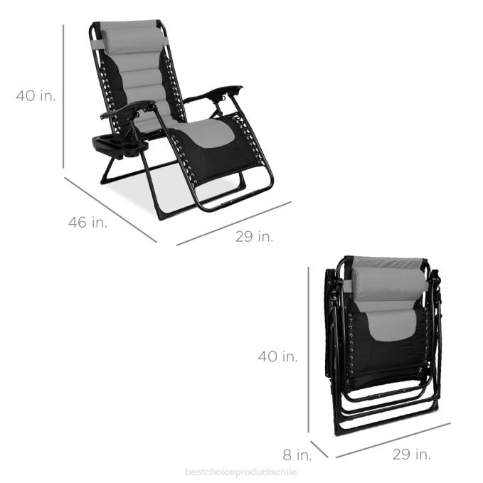 vida al aire libre | Best Choice Products silla acolchada de gran tamaño con gravedad cero, sillón reclinable plegable con reposacabezas y bandeja lateral gris negro08BN752
