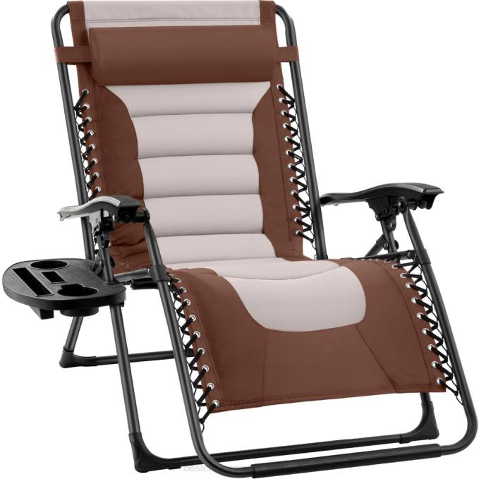 vida al aire libre | Best Choice Products silla acolchada de gran tamaño con gravedad cero, sillón reclinable plegable con reposacabezas y bandeja lateral marrón/ostra08BN765