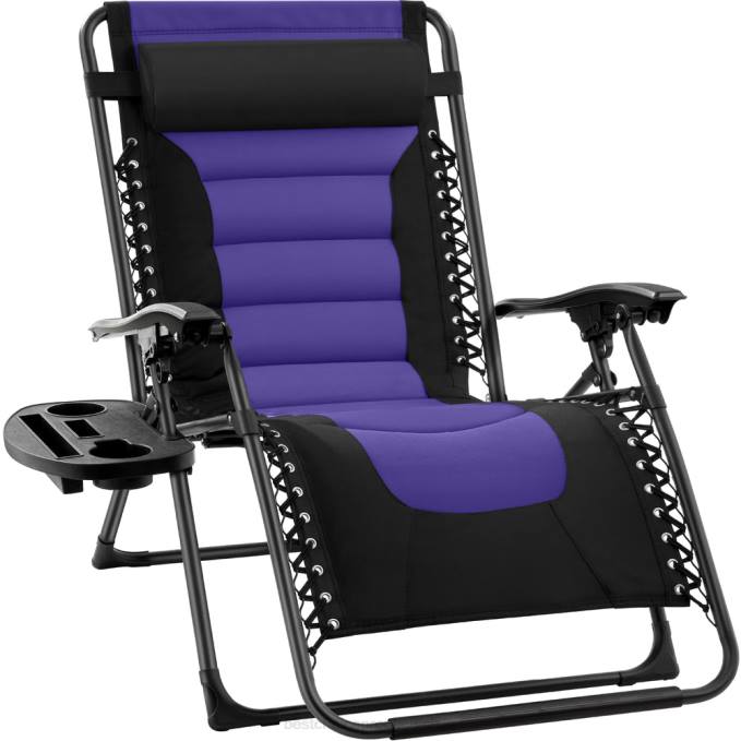 vida al aire libre | Best Choice Products silla acolchada de gran tamaño con gravedad cero, sillón reclinable plegable con reposacabezas y bandeja lateral negro/morado08BN757