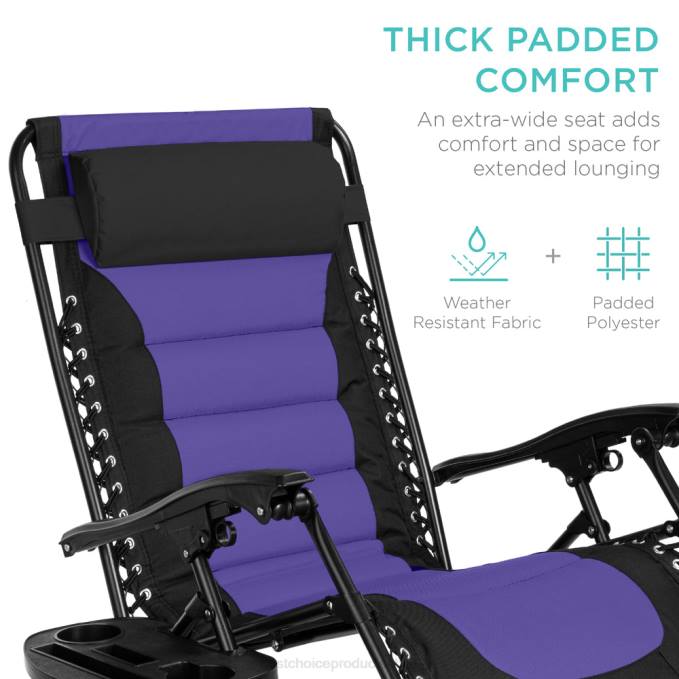 vida al aire libre | Best Choice Products silla acolchada de gran tamaño con gravedad cero, sillón reclinable plegable con reposacabezas y bandeja lateral negro/morado08BN757