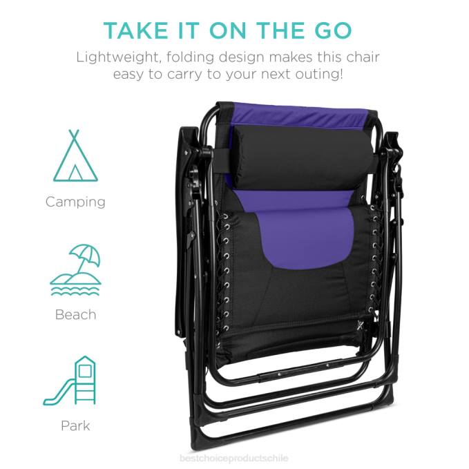 vida al aire libre | Best Choice Products silla acolchada de gran tamaño con gravedad cero, sillón reclinable plegable con reposacabezas y bandeja lateral negro/morado08BN757