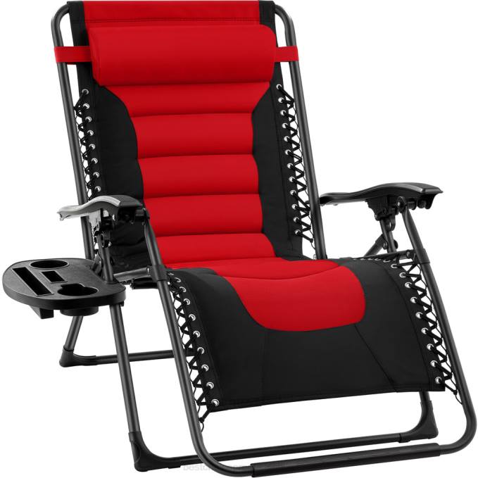 vida al aire libre | Best Choice Products silla acolchada de gran tamaño con gravedad cero, sillón reclinable plegable con reposacabezas y bandeja lateral rojo08BN750