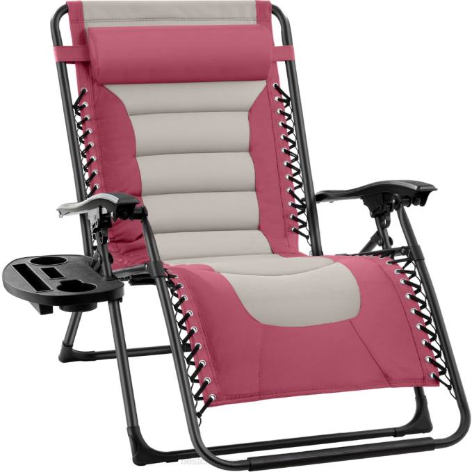 vida al aire libre | Best Choice Products silla acolchada de gran tamaño con gravedad cero, sillón reclinable plegable con reposacabezas y bandeja lateral rosa/topo08BN762