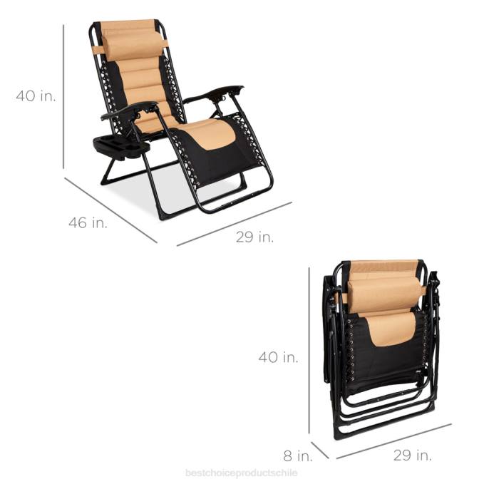 vida al aire libre | Best Choice Products silla acolchada de gran tamaño con gravedad cero, sillón reclinable plegable con reposacabezas y bandeja lateral tostado/negro08BN749