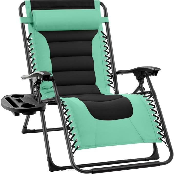 vida al aire libre | Best Choice Products silla acolchada de gran tamaño con gravedad cero, sillón reclinable plegable con reposacabezas y bandeja lateral verde espuma de mar/negro08BN763