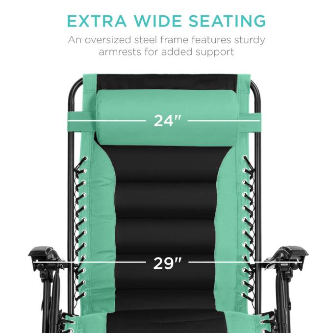 vida al aire libre | Best Choice Products silla acolchada de gran tamaño con gravedad cero, sillón reclinable plegable con reposacabezas y bandeja lateral verde espuma de mar/negro08BN763