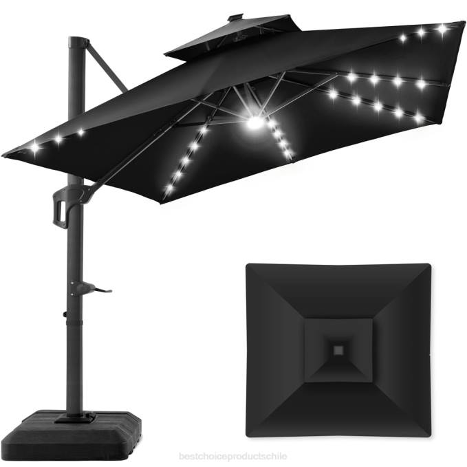 vida al aire libre | Best Choice Products Paraguas desplazado en voladizo LED cuadrado de 2 niveles con rotación de 360, base negro08BN908