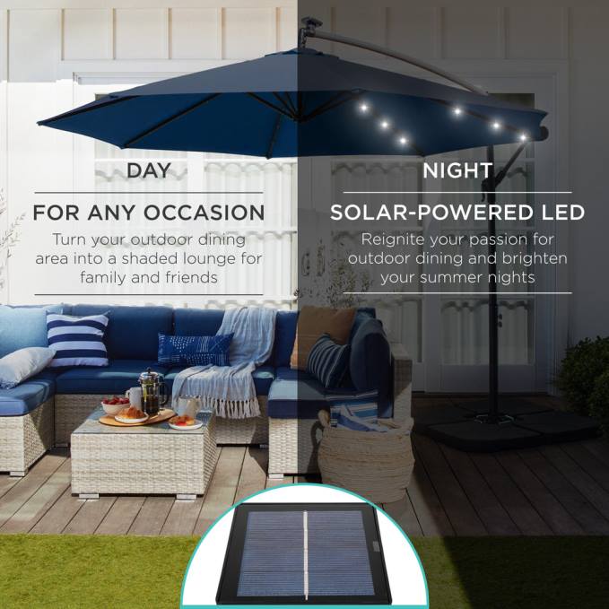 vida al aire libre | Best Choice Products Sombrilla de patio colgante con desplazamiento LED solar con ajuste de inclinación de manivela Azul marino08BN845