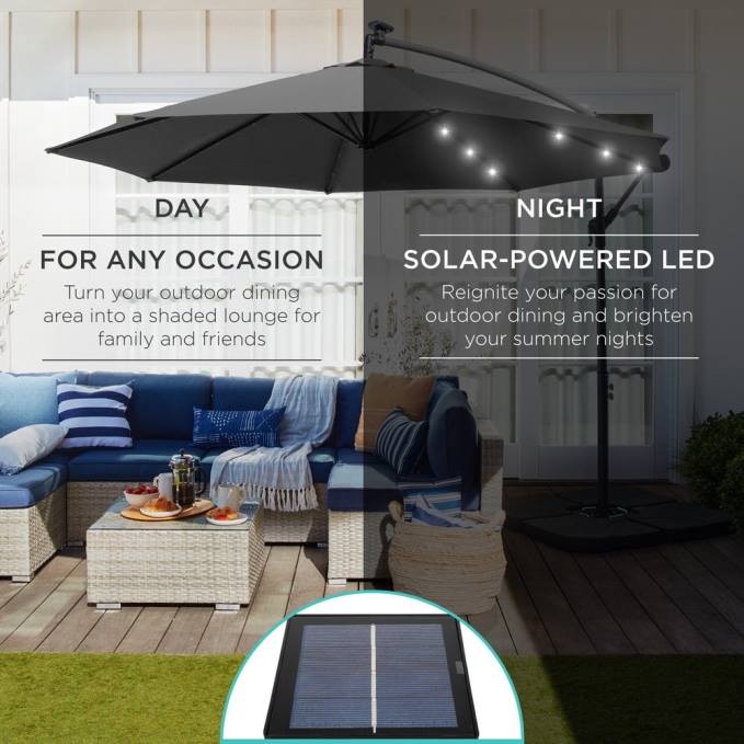vida al aire libre | Best Choice Products Sombrilla de patio colgante con desplazamiento LED solar con ajuste de inclinación de manivela gris08BN847