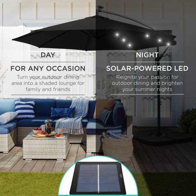 vida al aire libre | Best Choice Products Sombrilla de patio colgante con desplazamiento LED solar con ajuste de inclinación de manivela negro08BN843