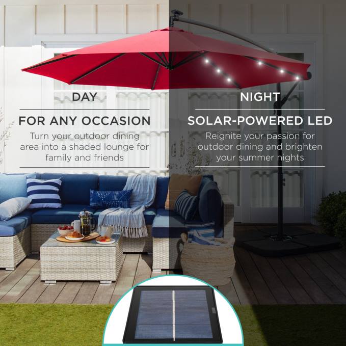 vida al aire libre | Best Choice Products Sombrilla de patio colgante con desplazamiento LED solar con ajuste de inclinación de manivela rojo08BN846