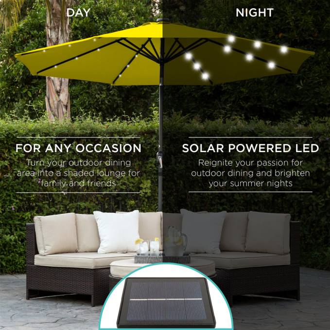 vida al aire libre | Best Choice Products Sombrilla de patio con luz LED solar con ajuste de inclinación, resistencia a los rayos UV amarillo08BN1346