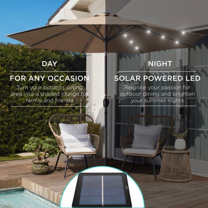 vida al aire libre | Best Choice Products Sombrilla de patio con luz LED solar con ajuste de inclinación, resistencia a los rayos UV broncearse08BN1334