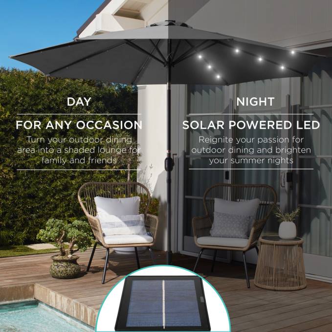 vida al aire libre | Best Choice Products Sombrilla de patio con luz LED solar con ajuste de inclinación, resistencia a los rayos UV gris08BN1338
