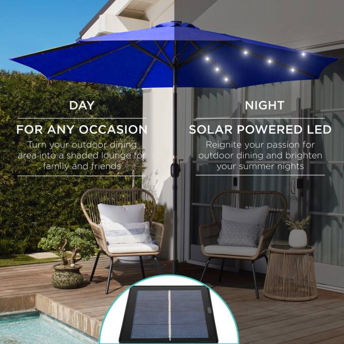 vida al aire libre | Best Choice Products Sombrilla de patio con luz LED solar con ajuste de inclinación, resistencia a los rayos UV recurso azul08BN1345