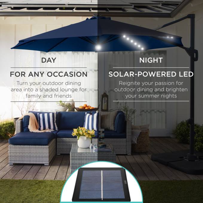 vida al aire libre | Best Choice Products Sombrilla de patio desplazada en voladizo con luz solar de 360 ​​grados con inclinación Azul marino08BN890