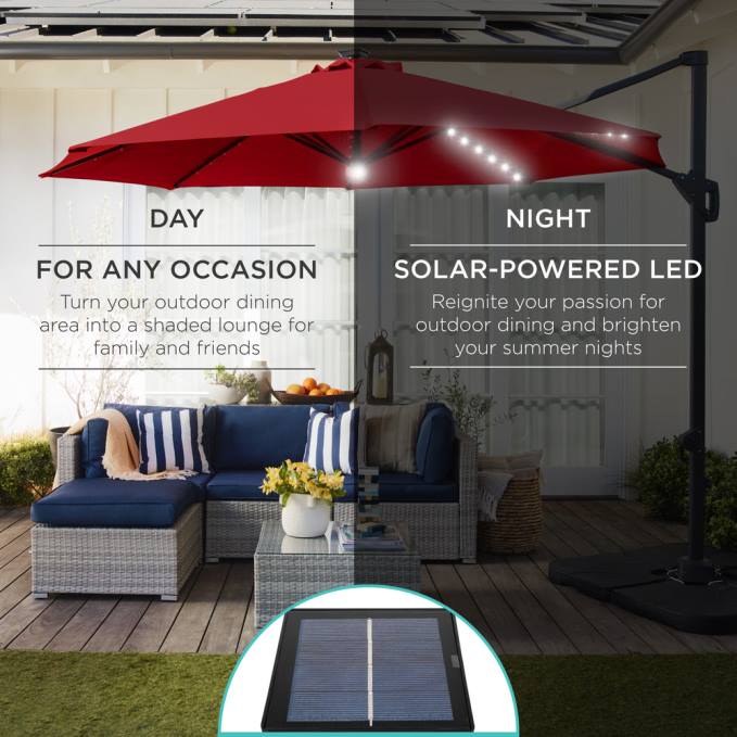 vida al aire libre | Best Choice Products Sombrilla de patio desplazada en voladizo con luz solar de 360 ​​grados con inclinación rojo08BN887