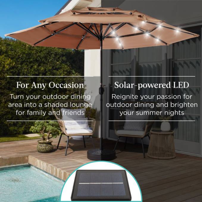vida al aire libre | Best Choice Products Sombrilla solar de 3 niveles con luces LED, ajuste de inclinación y manivela broncearse08BN1477